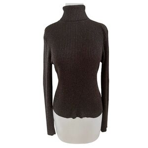 SOPHIE CHANG Vintage Women’s Tiny Knit Silk Turtleneck Size L Brown w/ Gold Yarn